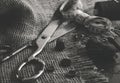 Sewing Thimble. Needle and thread. Scissors and a centimeter are the tools of a tailor, designer, seamstress Royalty Free Stock Photo