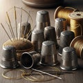 Sewing thimbles and threads on table Royalty Free Stock Photo