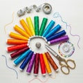 Sewing thread are arranged in a circular gradient pattern showcasing a Royalty Free Stock Photo