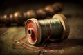 Sewing thread on an old wooden spool in vintage style. Generative AI Royalty Free Stock Photo