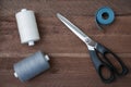 Sewing thread scissors and tailor meter Royalty Free Stock Photo