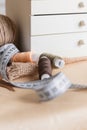 Sewing Threads on the Background of the Storage Box. Tailor Concept. Copy Space Royalty Free Stock Photo