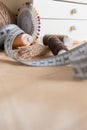 Sewing Threads on the Background of the Storage Box. Tailor Concept. Copy Space Royalty Free Stock Photo