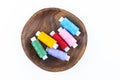 Sewing threads multi-colored red, blue and green darning material