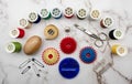 Sewing tools and accessories. Top view, flat lay Royalty Free Stock Photo