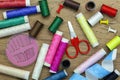 Sewing tools and accessories on wood background Royalty Free Stock Photo