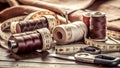 Sewing tools and accessories on wooden background. Selective focus. Royalty Free Stock Photo