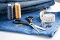 Sewing Tools With Blue Jeans Fabric.