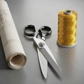 Sewing Tools: Blueprint, Scissors, and Gold Thread Royalty Free Stock Photo