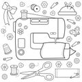 Sewing project tools and equipment. Vector black and white coloring page.