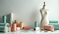 Sewing tools, fabric rolls, tailor mannequin arranged neatly. Pastel colored threads, scissors, needles suggest creative Royalty Free Stock Photo