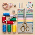 Sewing tools neatly arranged on a light wooden surface. Includes multicolored spools Royalty Free Stock Photo