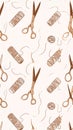 Sewing Tools Pattern - Scissors, Thread, and More Royalty Free Stock Photo