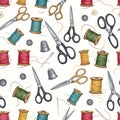 Sewing Tools Pattern - Scissors, Thread, and Thimbles Royalty Free Stock Photo