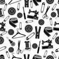 Sewing tools seamless pattern, vector background. Black sewing supplies on white background. For wallpaper design, fabric, wrapper