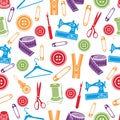 Sewing tools seamless pattern, vector background. Multicolored sewing supplies on white background. For wallpaper design, fabric Royalty Free Stock Photo