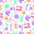 Sewing tools seamless pattern, vector background. Multicolored sewing supplies on white background. For wallpaper design, fabric, Royalty Free Stock Photo