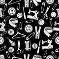 Sewing tools seamless pattern, vector background. White sewing supplies on black background. For wallpaper design, fabric, wrapper Royalty Free Stock Photo