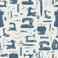 Sewing tools silhouettes, seamless pattern Royalty Free Stock Photo