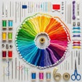 Sewing tools: spools of thread, needles, thimbles, scissors, Royalty Free Stock Photo
