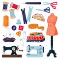 Sewing tools and tailor equipment. Craft and handmade sew needlework design elements. Vector flat cartoon illustration Royalty Free Stock Photo