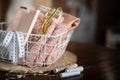 Sewing tools of tailoring scissors, tape measure, pink lace fabric in mesh basket and thread spools Royalty Free Stock Photo