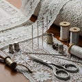 Sewing tools and white lace fabric Royalty Free Stock Photo