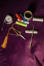 Sewing utensils, scissors, thread spools, tape measure Royalty Free Stock Photo