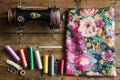 Sewing, Vintage Machine, Colorful Threads, and Floral Fabric, Creating a Beautiful Textile Artwork. Hobbyist's Del