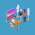 Sewing workshop, atelier and seamstress or designer isometric vector illustration