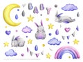 Sewn fabric bunnies with moon and stars, rainbows and clouds, with hanging decorations. Hand drawn watercolor