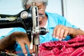 Sewn fabric repairs on old sewing machine. Royalty Free Stock Photo