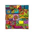 Sewn pieces of fabric in a patchwork style. Ethnic Ornament for your design.