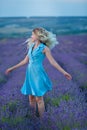 Sex appeal blond woman in airy blue dress enjoy life time vacation on fresh lavender field by walking or spinning around. Sylph