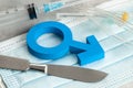 Sex-change operation. Change of male to female. Symbol of a man and a scalpel with a syringe. Surgical Instruments Royalty Free Stock Photo