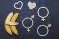 Sex education concept-letters, two bananas on a chalkboard. Free choice Royalty Free Stock Photo