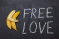 Sex education concept-letters, two bananas on a chalkboard. Royalty Free Stock Photo