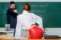 Sex and sexual education. Sexual partners in class. Bearded man point finger at sexual woman. Learning about gender and Royalty Free Stock Photo
