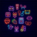 Sex shop circle layout with neon icons. Round template signboard. Intimate store. Vector stock illustration