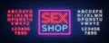 Sex shop logo, night sign in neon style. Neon sign, Royalty Free Stock Photo