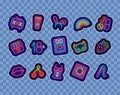 Sex shop neon stickers collection. Intimate patches clipart. Cream, rainbow and lips. Adult toys. Vector illustration