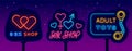 Sex shop neon street billboards collection. Adult toys emblem on banner. Vector stock illustration