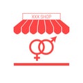 Sex shop single flat vector icon. Striped awning and signboard