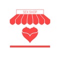 Sex Shop Single Flat Vector Icon. Striped Awning and Signboard