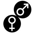 Sex symbols. Gender woman and man flat symbols. White Female and Male abstract symbols in black circle. Vector Illustration