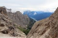 Sexten Dolomites mountain panorama with lake Lago di Auronzo at Via Ferrata Severino Casara in South Tyrol