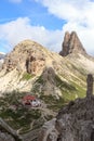 Sexten Dolomites panorama with alpine hut Dreizinnenhutte, rock Frankfurter Wurstel and mountain Toblinger Knoten in South Tyrol Royalty Free Stock Photo