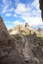 Sexten Dolomites panorama with alpine hut Dreizinnenhutte, rock Frankfurter Wurstel and mountain Toblinger Knoten in South Tyrol Royalty Free Stock Photo