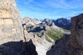 Sexten Dolomites panorama with mountains Birkenkofel, Haunold and Toblinger Knoten and alpine hut Dreizinnenhutte in South Tyrol Royalty Free Stock Photo