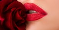Sexual full lips. Natural red gloss of lips and woman's skin. Lips with lipstick closeup. Beautiful woman lips with rose